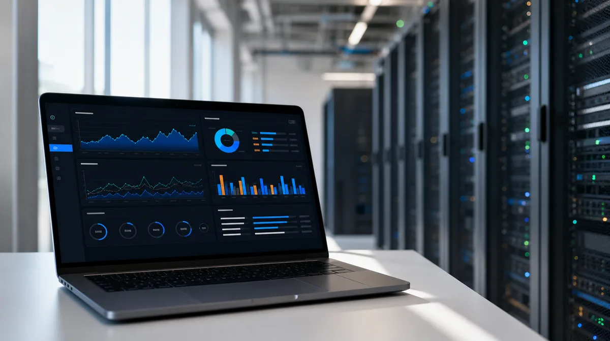 Laptop mit Monitoring- und Backup-Software in einem hellen Serverraum