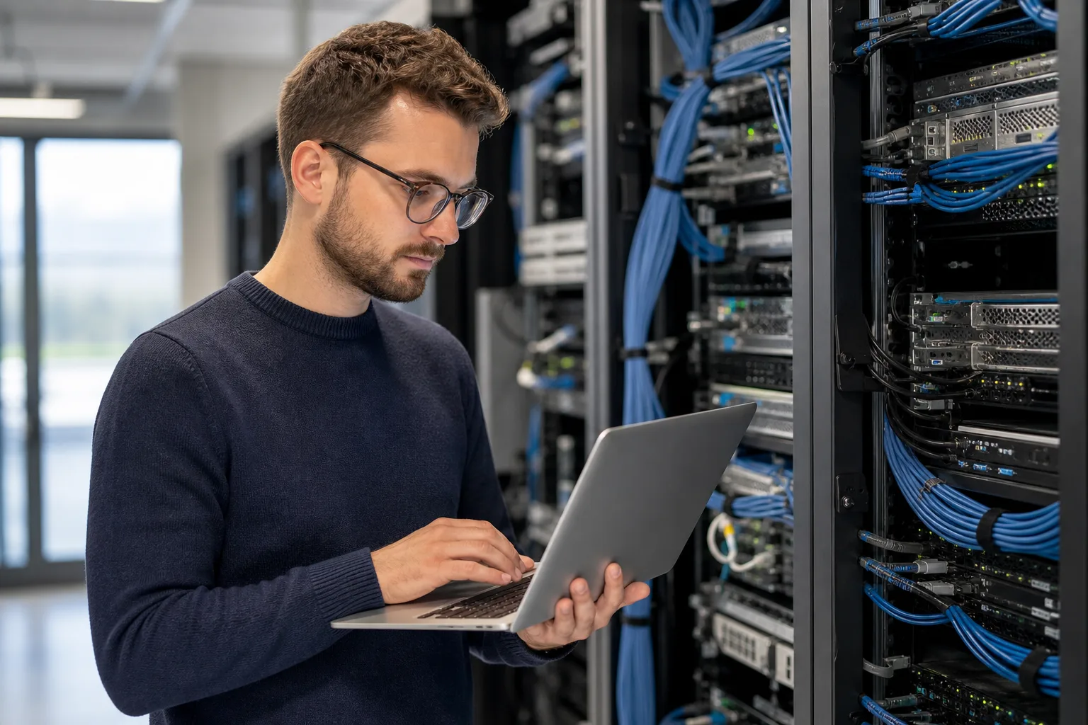 IT-Spezialist von bavartis bei der Arbeit an Serversystemen im Serverraum