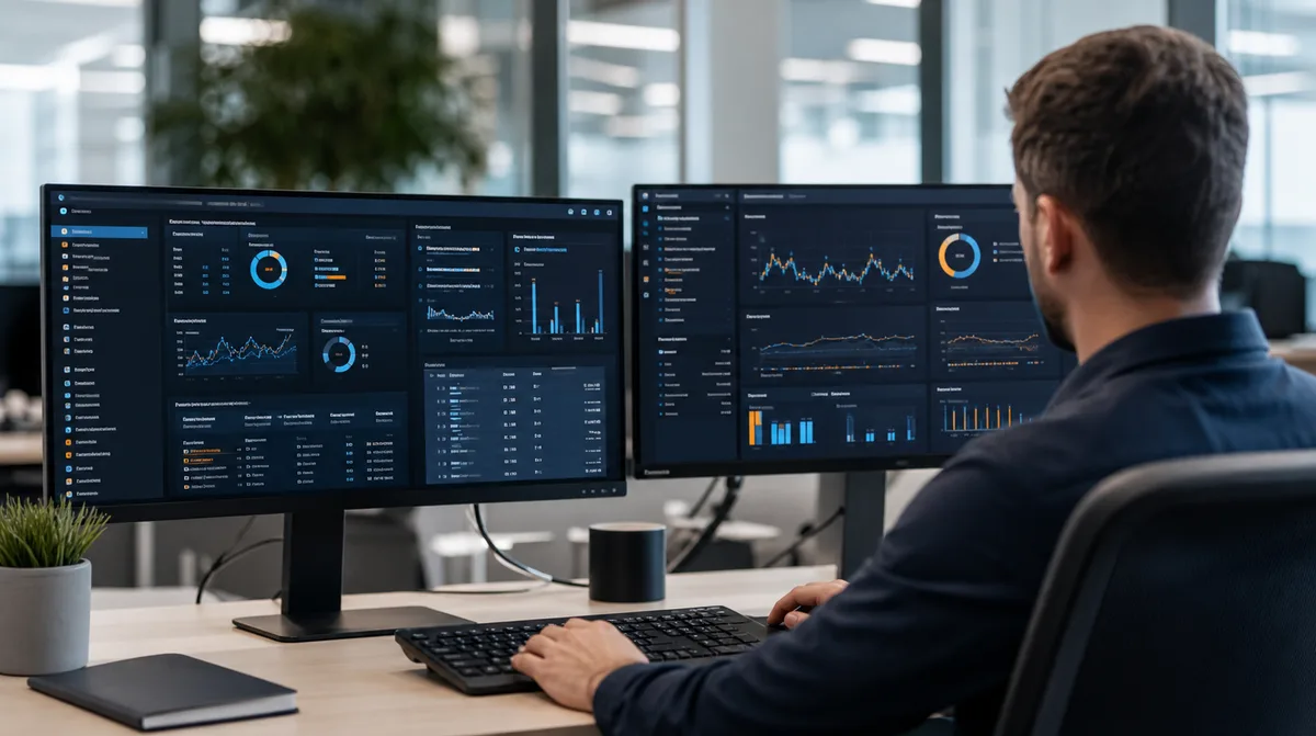 Techniker überwacht IT-Systeme auf zwei Bildschirmen mit Dashboards