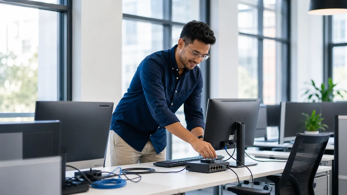 Techniker richtet Netzwerk-Hardware und Arbeitsplätze in einem hellen Büro ein