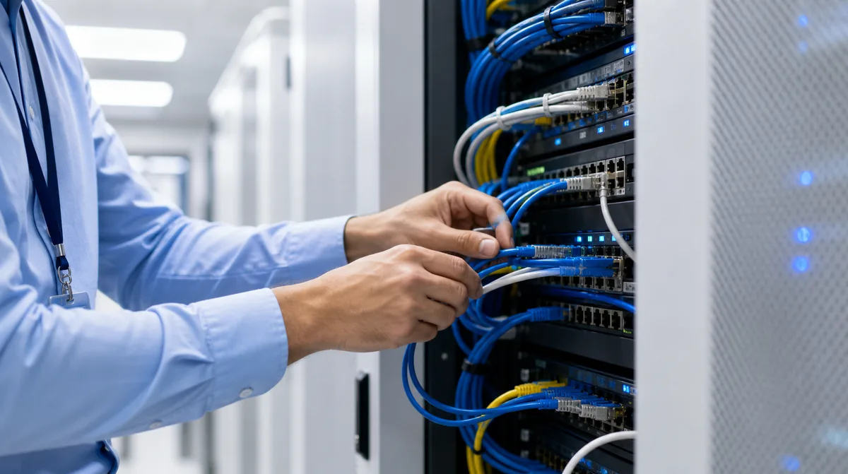 Techniker verkabelt einen aufgeräumten Serverschrank mit blauen Netzwerkkabeln