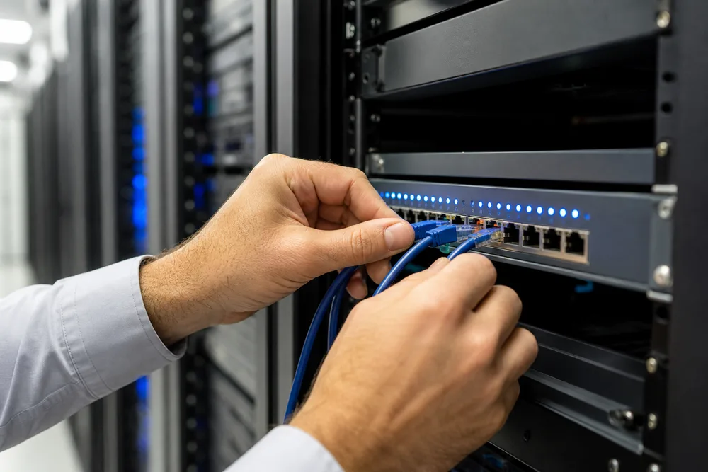 Hände konfigurieren einen Netzwerk-Switch mit blauen Status-LEDs