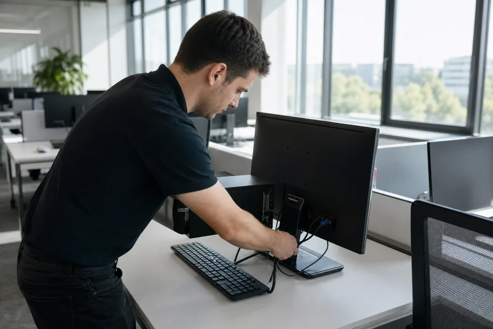 Techniker richtet Arbeitsplätze mit Monitoren in einem hellen Büro ein